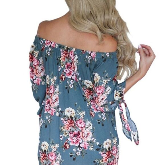 AlvaQ Off The Shoulder Blue Floral Top - Picture 2 of 8